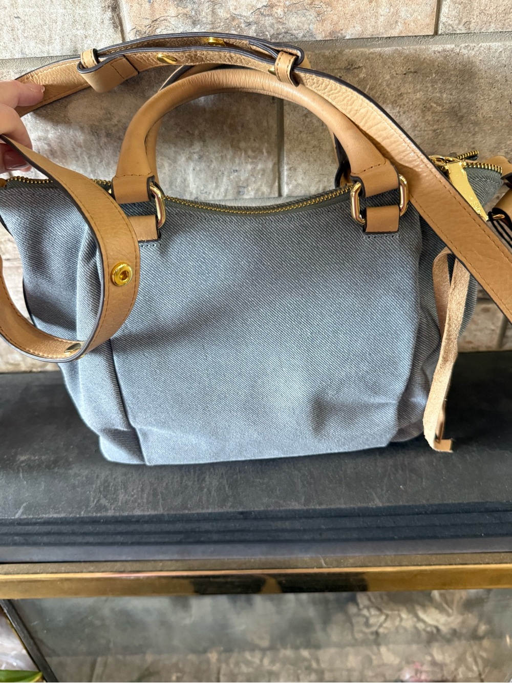 Aimee Kestenberg Blue Denim Canvas Shoulder Bag with Tan Leather Trim - Picture 6 of 8